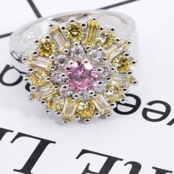 925 Sterling Silver Yellow Pink Diamond Cubic Zirconia Cocktail Ring Size 7 NEW - Picture 2 of 4